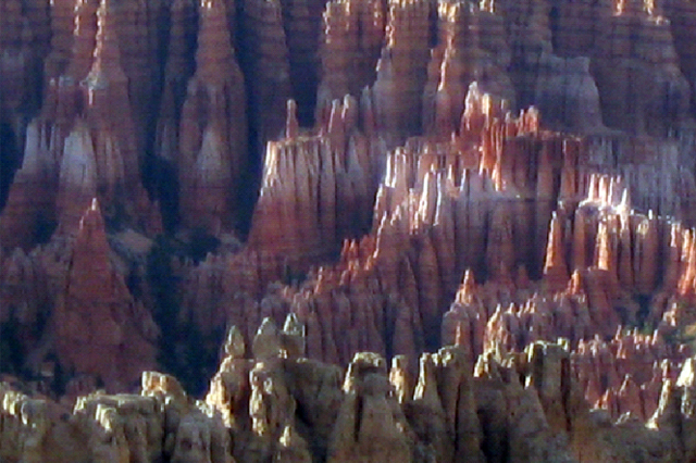 A closer view of some hoodoos shows striations of color.