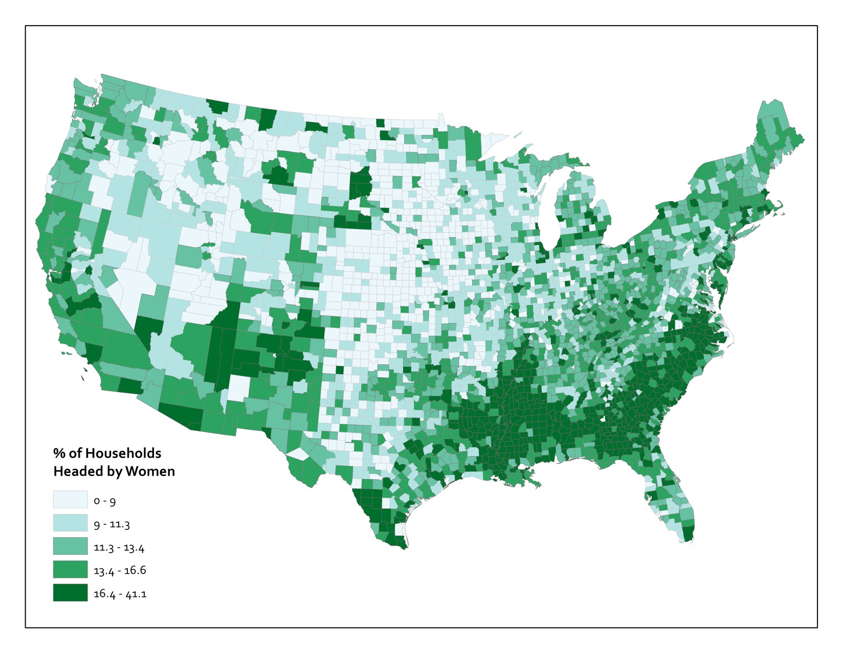 Described above. There is a pattern of higher % of households headed by women in Southern states