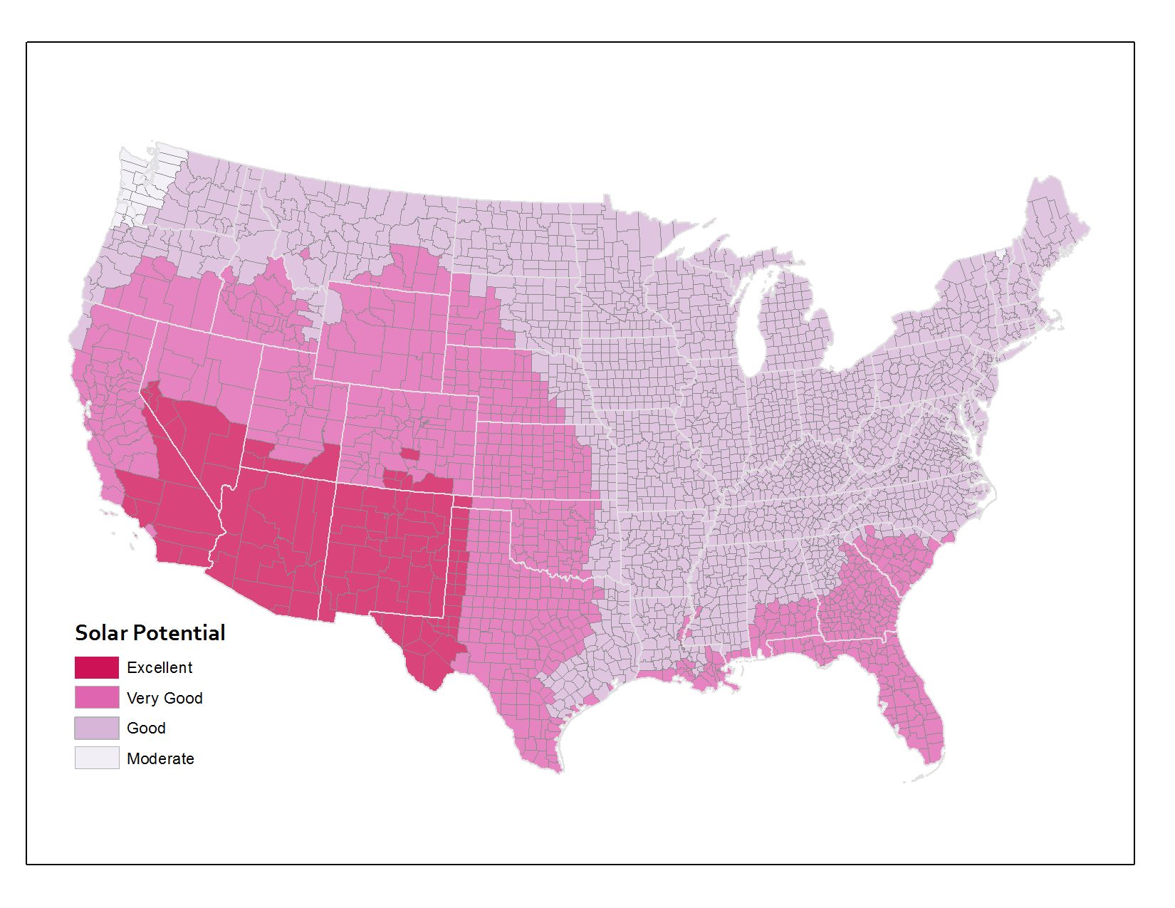 map of average annual solar potential by county. Shows more areas with higher potential than the state map does