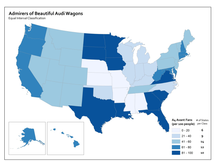 map using equal interval classification to show percent of armirers of Audi wagons per state