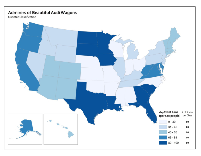 map using quantile classification to show percent of armirers of Audi wagons per state