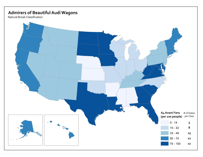 map using natural break classification to show percent of admirers of Audi wagons per state