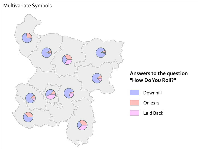 Multivariate symbols- example using pie charts to represent different populations on a map