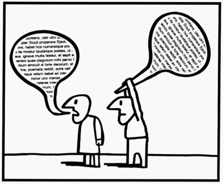 Debate cartoon. While person is talking, another person is "clubbing" another person over the head with words.