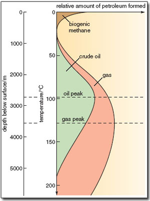 graph showing depth below surface vs. relative amount of petroleum formed.