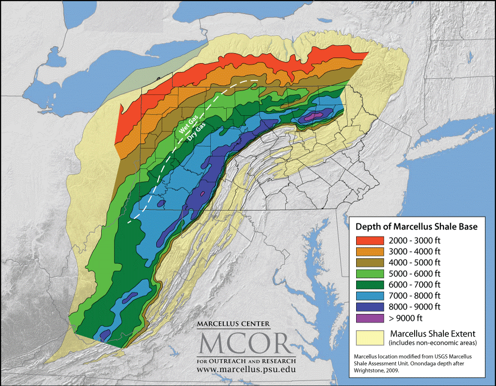 Map outlining depth of marcellus shale base