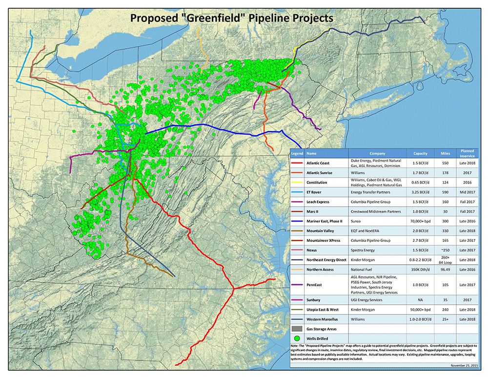 Mapa que indica las vistas del proyecto de gasoducto Greenfield propuesto a lo largo de la costa este de los EE