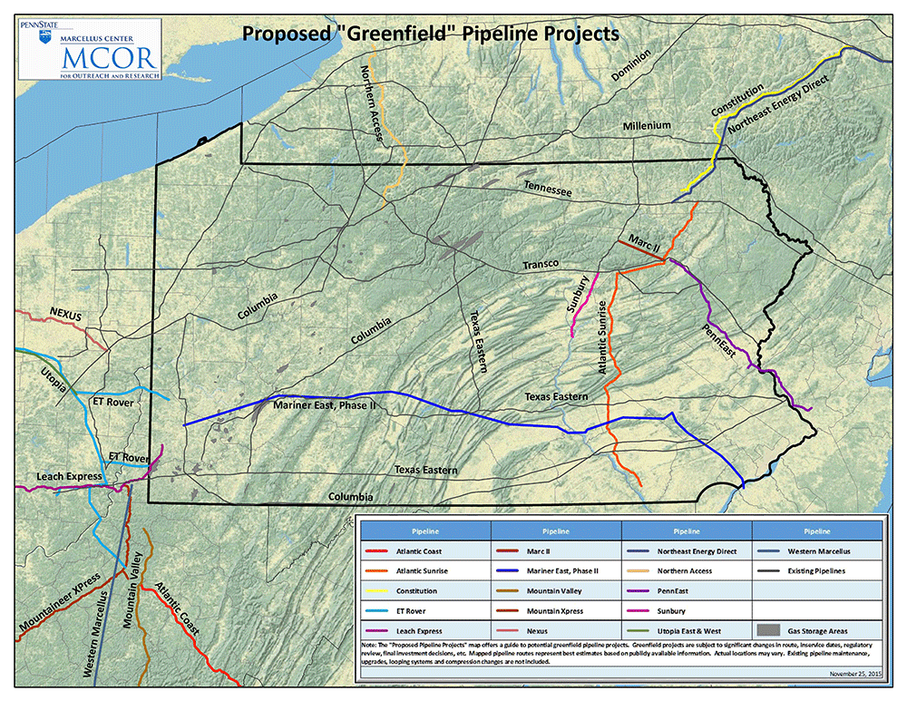 Map showing pipelines for the proposed Greenfiled project in Pennsylvania without wells