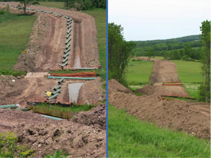 same section of right-of-way during construction (left) and ready for topsoil to be placed back over surface (right)