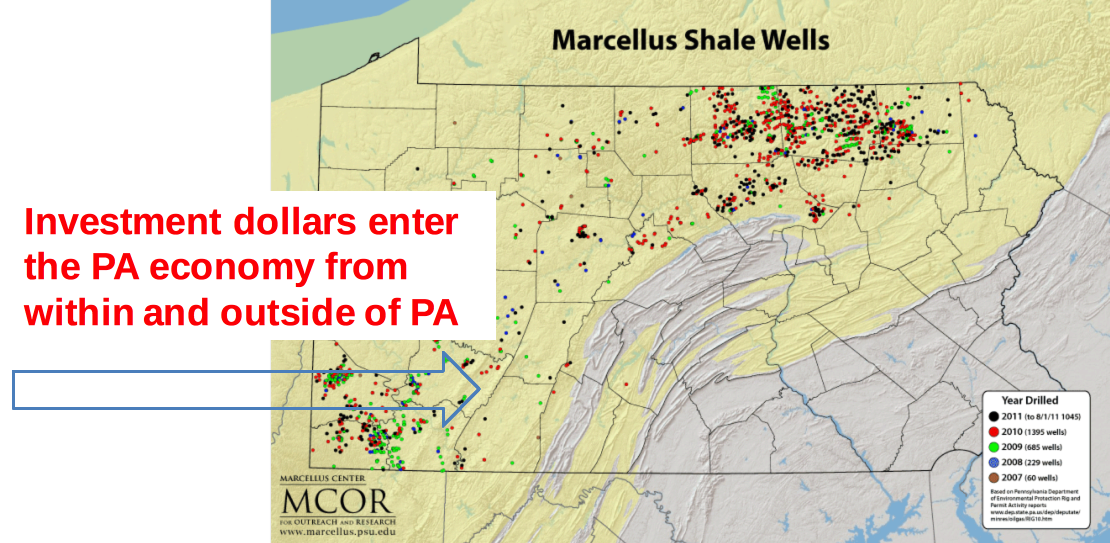 Map shows investment dollars enter the PA economy from within and outside PA. 