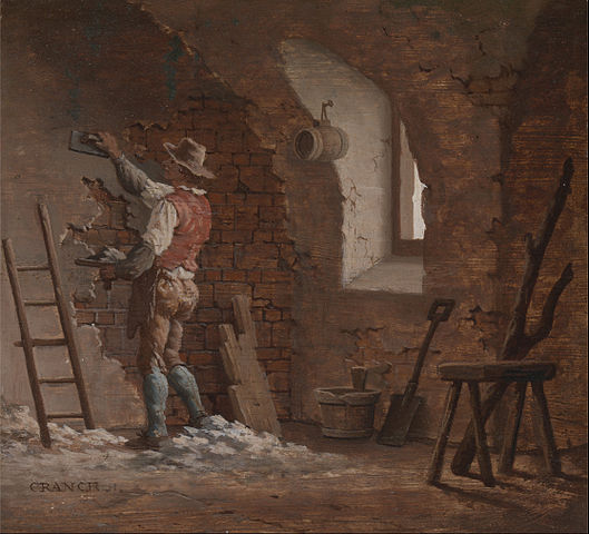Painting of a plasterer covering a brick wall