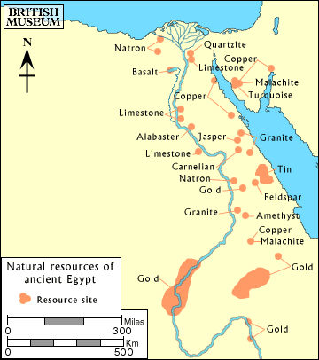 Ancient Egypt's natural resources including: limestone, basalt, alabaster, carnelian, natron, gold, granite, copper, tin, and malachite. 