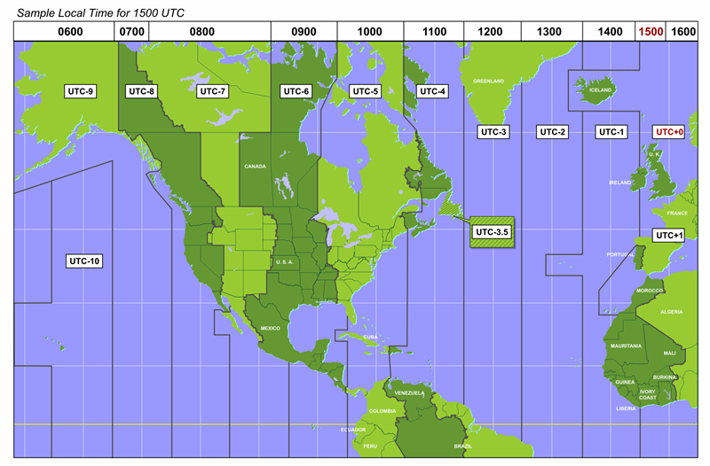 Time zone map for a large portion of the Western Hemisphere