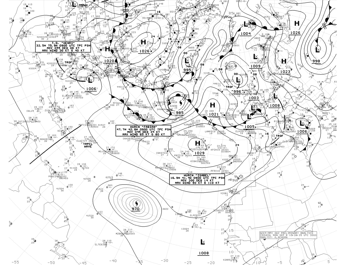 The 06Z surface analysis over the North Atlantic Basin from 06Z on September 8, 2003 shows generally weak pressure gradients over the tropics, except for Hurricane Isabel