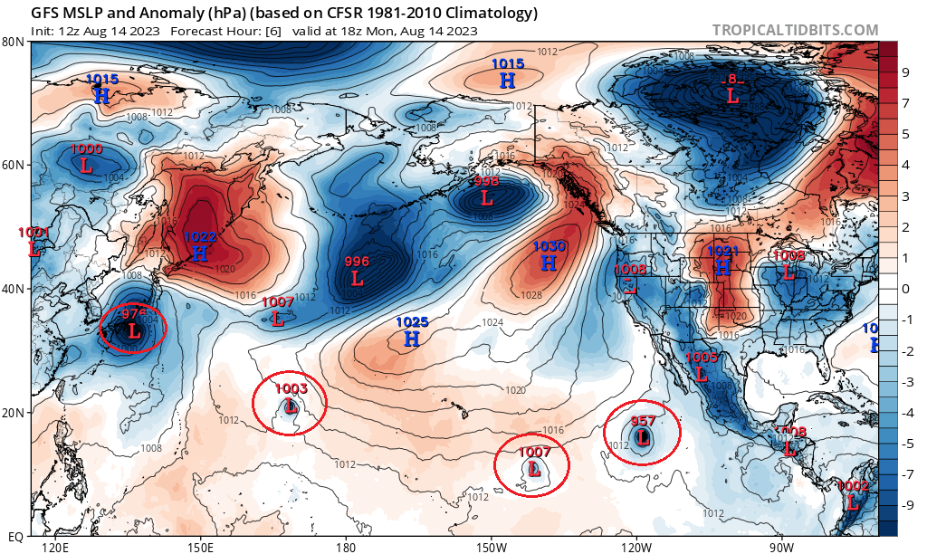The GFS forecast for MSLP anomalies at 18Z on August 14, 2023 showed four tropical cyclones across the northern Pacific Ocean.