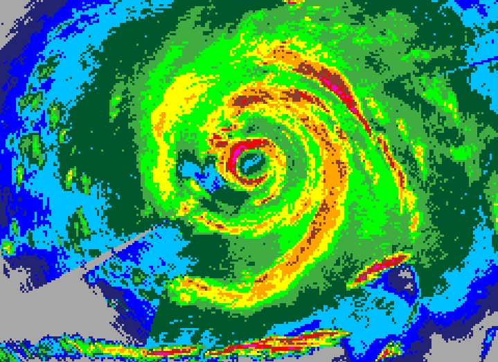 Radar depiction of Hurricane Ivan (2004), including eye, eyewall, and spiral bands