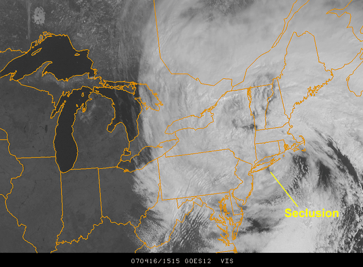 A warm seclusion on visible satellite imagery from 1515Z on April 16, 2007