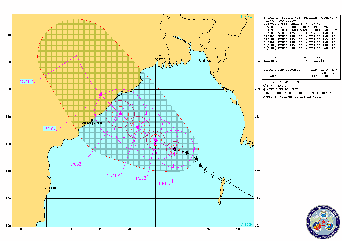Forecast cone of uncertainty for Tropical Cyclone Phailin from JTWC, issued at 18Z on October 10, 2013