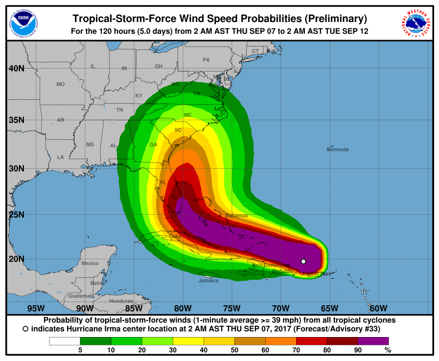 Probabilities of sustained winds greater than or equal to 34 knots between 8 A.M. EDT on August 23, 2011 and 8 A.M. EDT on August 28, 2011