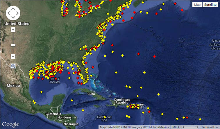 Map showing the locations of buoys in the Gulf of Mexico, Caribbean Sea, and western Atlantic Ocean