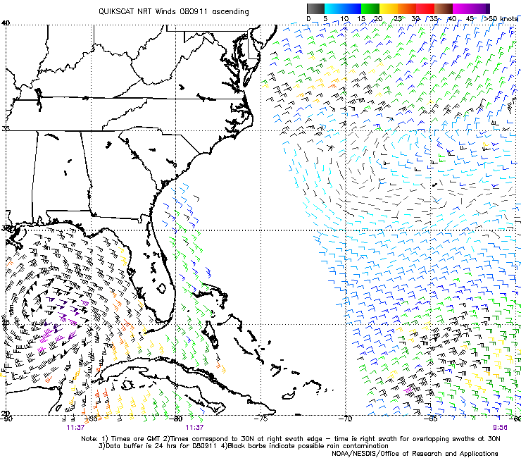 QuikSCAT data over the Gulf of Mexico and Western Atlantic showed the circulation of Hurricane Ike on September 11, 2008.