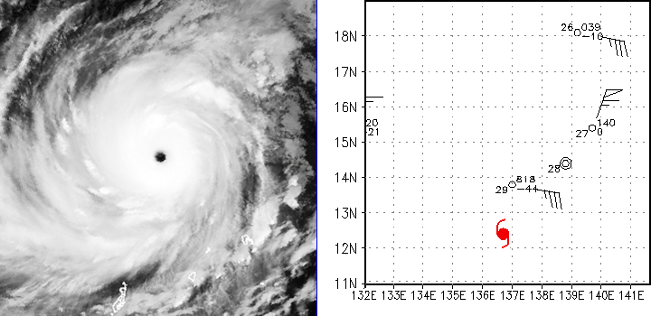 Left: Infrared satellite image of Super Typhoon Lupit at 0748Z on November 26, 2003. Right: Buoy and ship observations in the vicinity of Lupit at 06Z on November 26, 2003