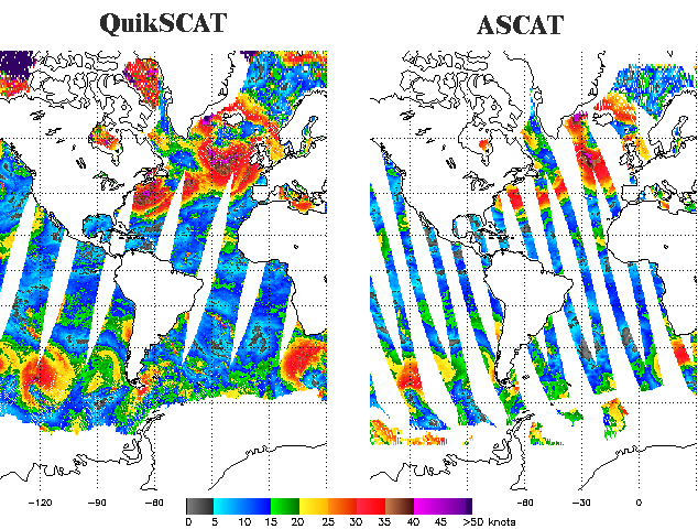 A comparison of the coverages of QuikSCAT (left) and ASCAT (right).