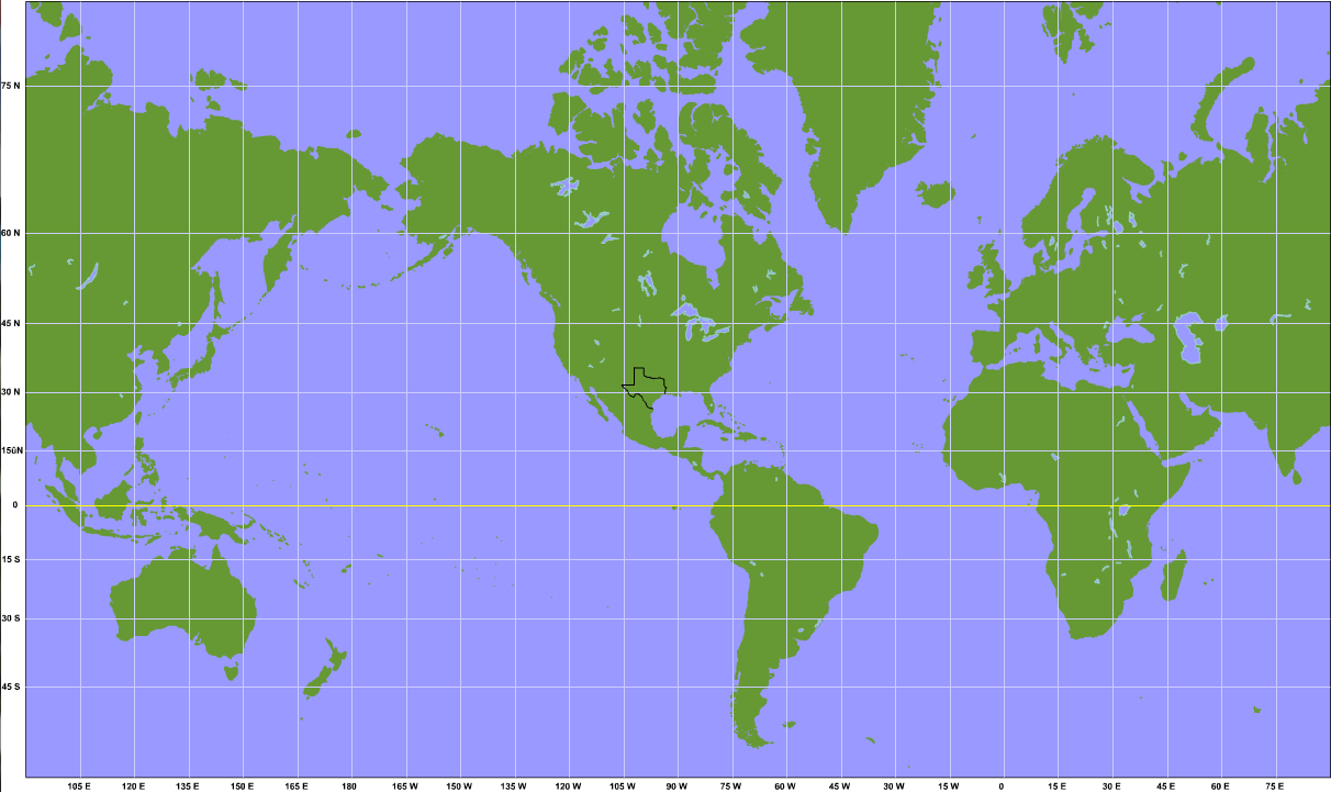 A mercator projection showing most of the globe.