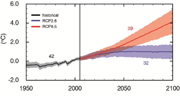 Graph showing future temperature projections for best- and worst-case RCPs through 2100.
