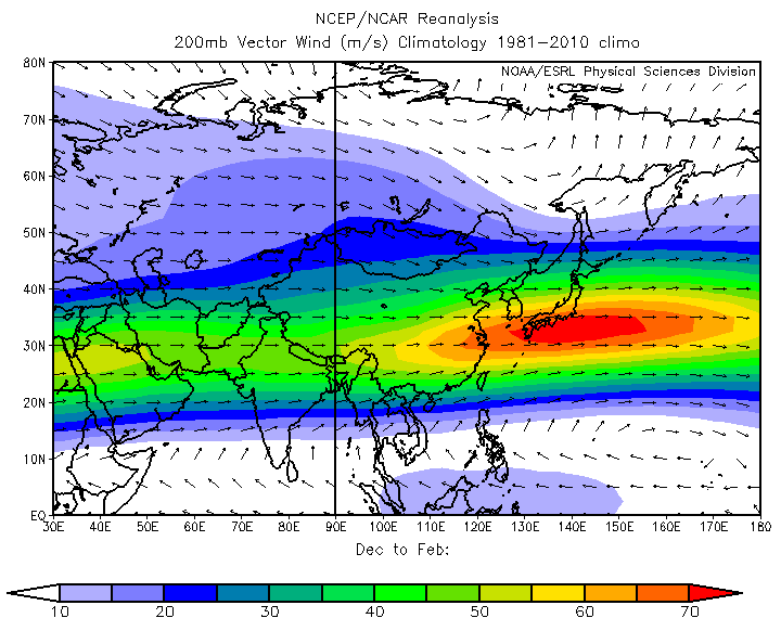 Climatology of 200-mb winds during meteorological winter, showing the STJ