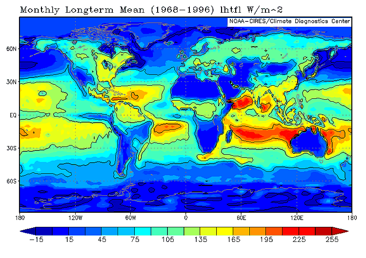 A proxy for long-term mean evaporation rates during July shows a maximum in the trade wind belt.
