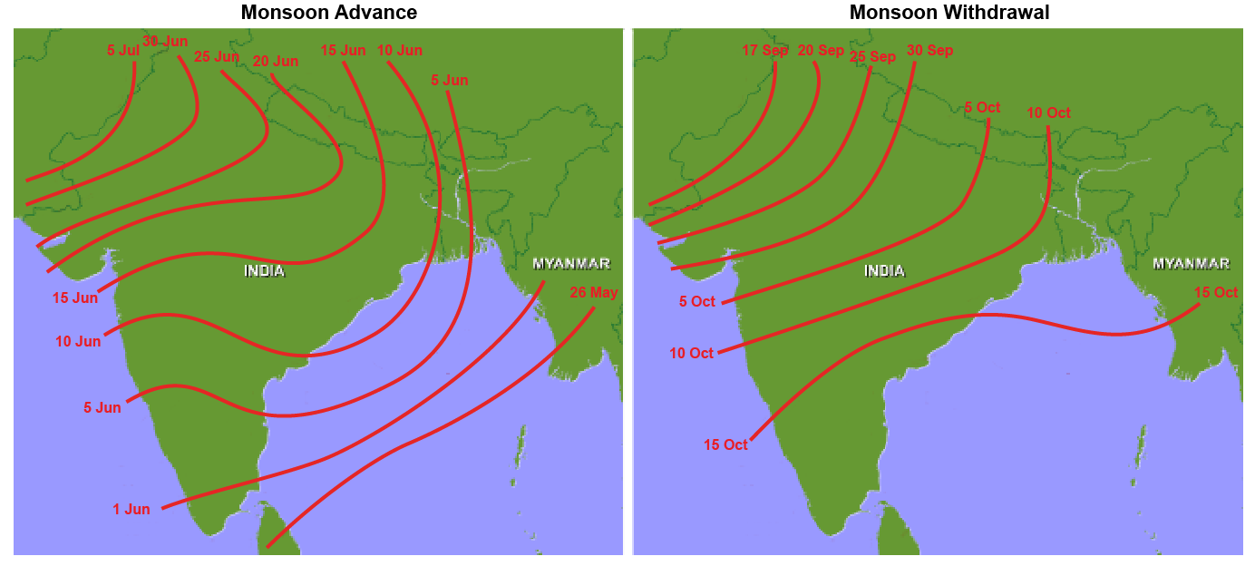 Average start dates (left) and end dates (right) for the summer monsoon over India.