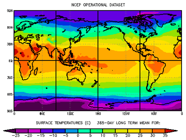 Map of annual average temperatures across the globe.