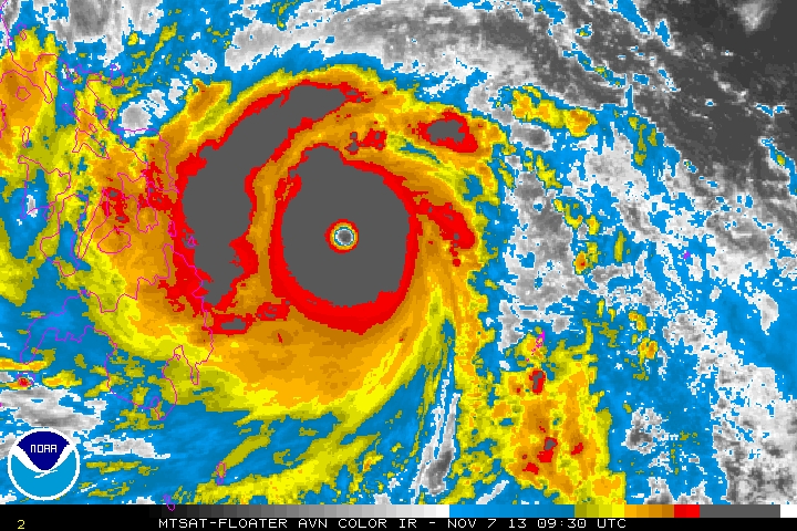 Enhanced infrared image of Super Typhoon Haiyan (2013).