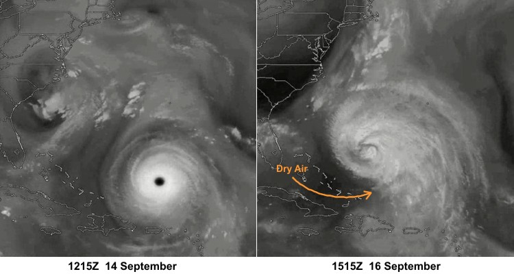 "Before" and "after" water vapor images: impacts of dry middle tropospheric air on Isabel.