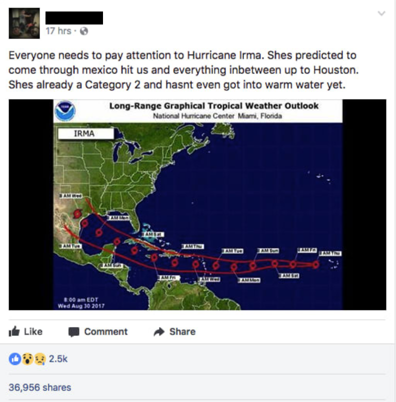 Screenshot of a fake forecast for Hurricane Irma in 2017.