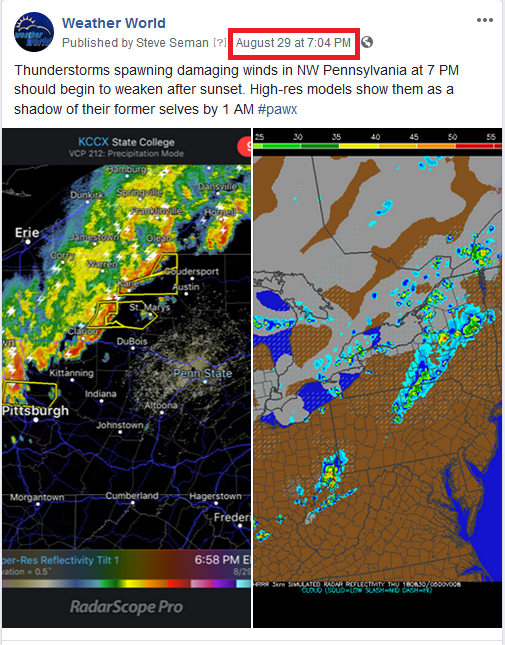 Facebook post about severe thunderstorms in Pennsylvania on August 29, 2018.