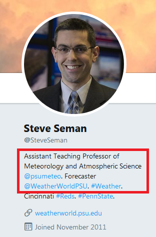 Screenshot of Twitter profile with job titles and affiliations highlighted