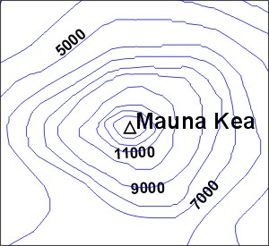 Close up contour map of Mauna Kea on Hawaii.