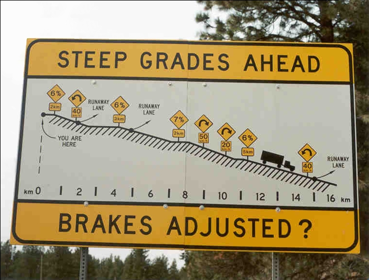 road sign: Steep grades ahead. Brakes adjusted?