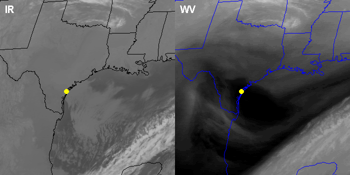 A comparison of water vapor and IR images for a location along the Texas coast.