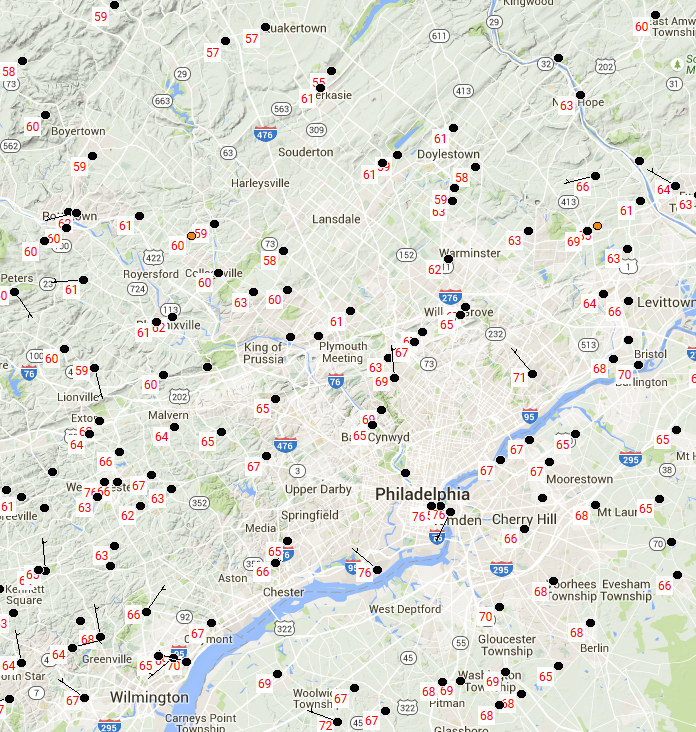 Temperatures in and around Philadelphia on the morning of August 5, 2015.