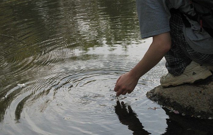 A boy at the edge of a pond making ripples with his hand.