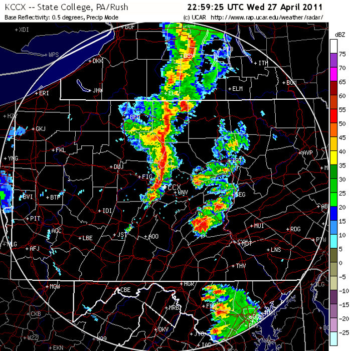 A radar image showing a line of strong thunderstorms.