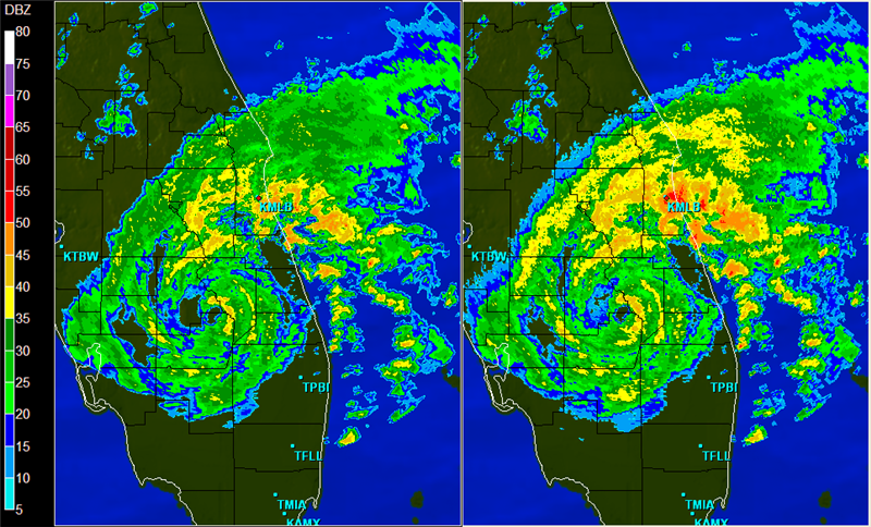 The base and composite reflectivities of Tropical Storm Fay.