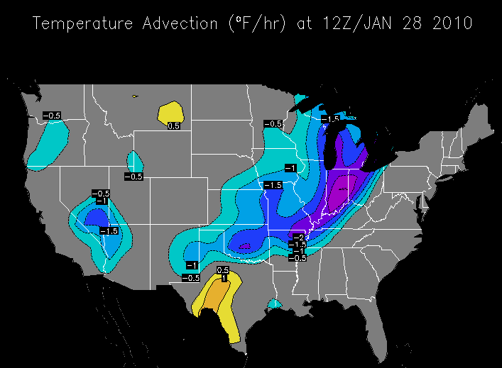 A map of temperature advection over the United States.