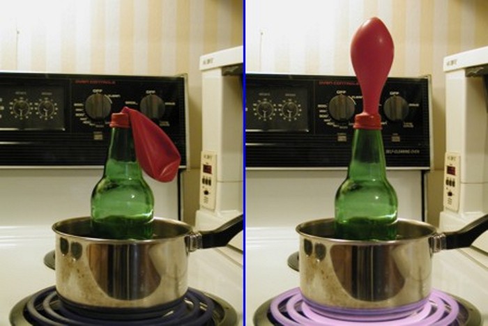 Left: a limp balloon is affixed to a bottle opening. Right: the same balloon stands straight, partially inflated. See caption for more.