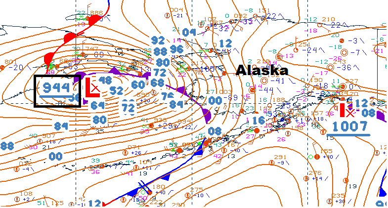 The surface analysis over the Bering Sea and surrounding region.