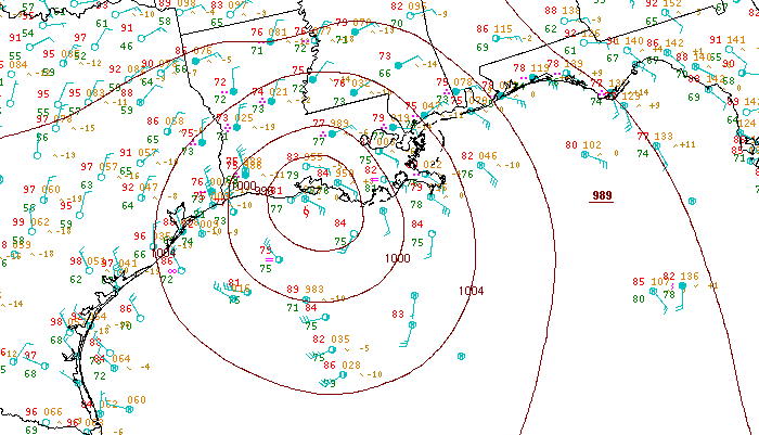 A surface analysis showing winds around a tropical storm.