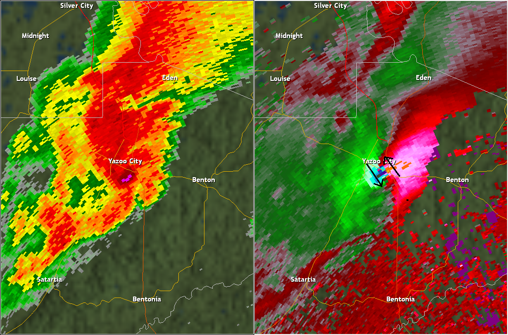 (L) Radar reflectivity shows a supercell near Yazoo City, MS. (R) Corresponding Doppler velocities show intense rotation in the storm.